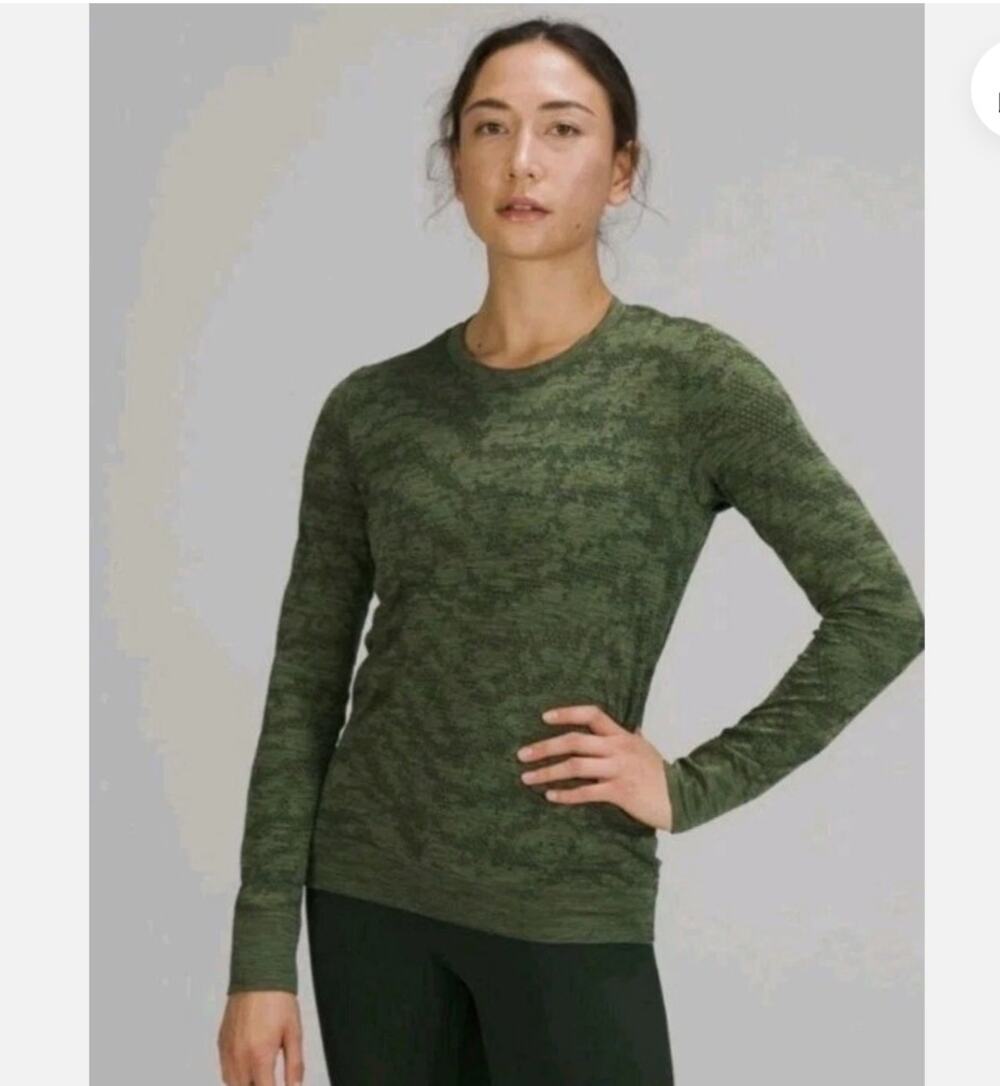 Lululemon Swiftly Breathe Long Sleeve Shirt Dot Scape Rainforest Green Camo Sz 4